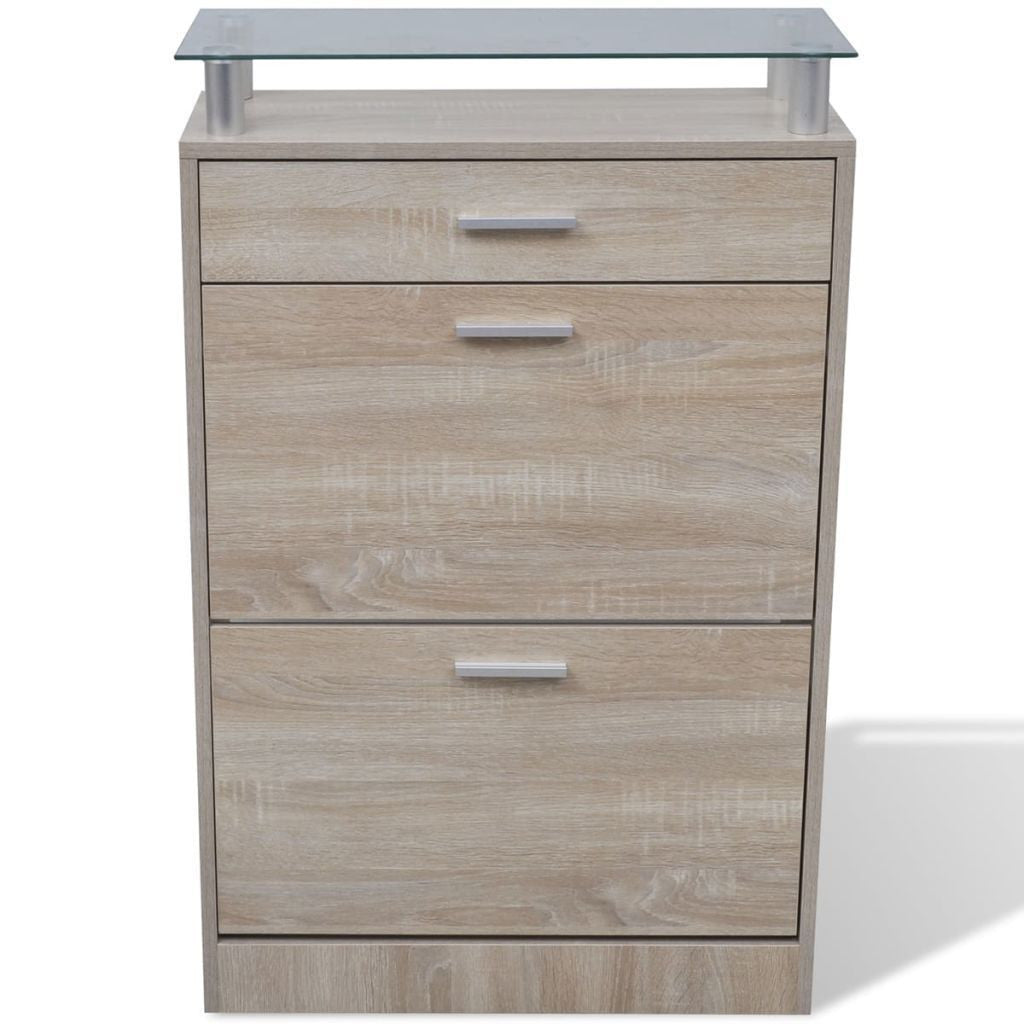 Oak Shoe Cabinet with a Drawer and a Top Glass Shelf
