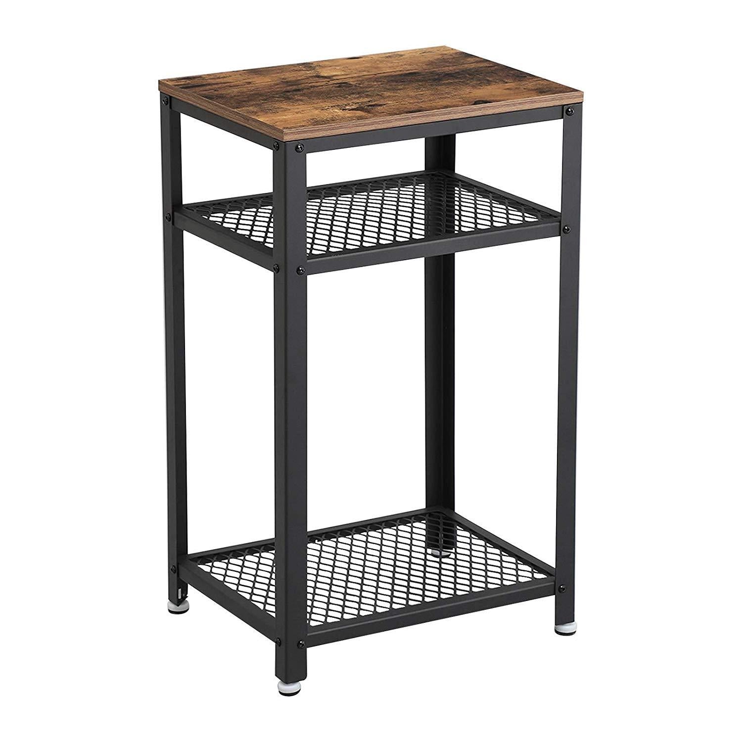 Rustic Brown Industrial Side Table with 2 Mesh Shelves
