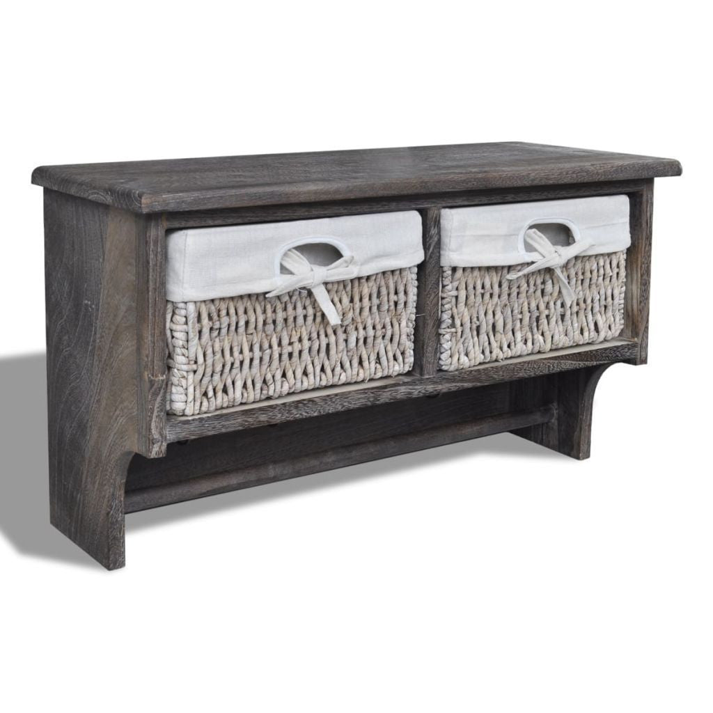 Wooden Wall Shelf with Hangers, 2 Weaving Baskets & 4 Hooks
