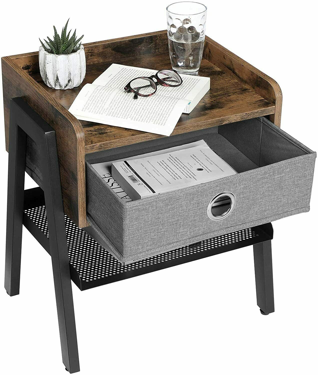 Grey Fabric Rustic Bedside Table