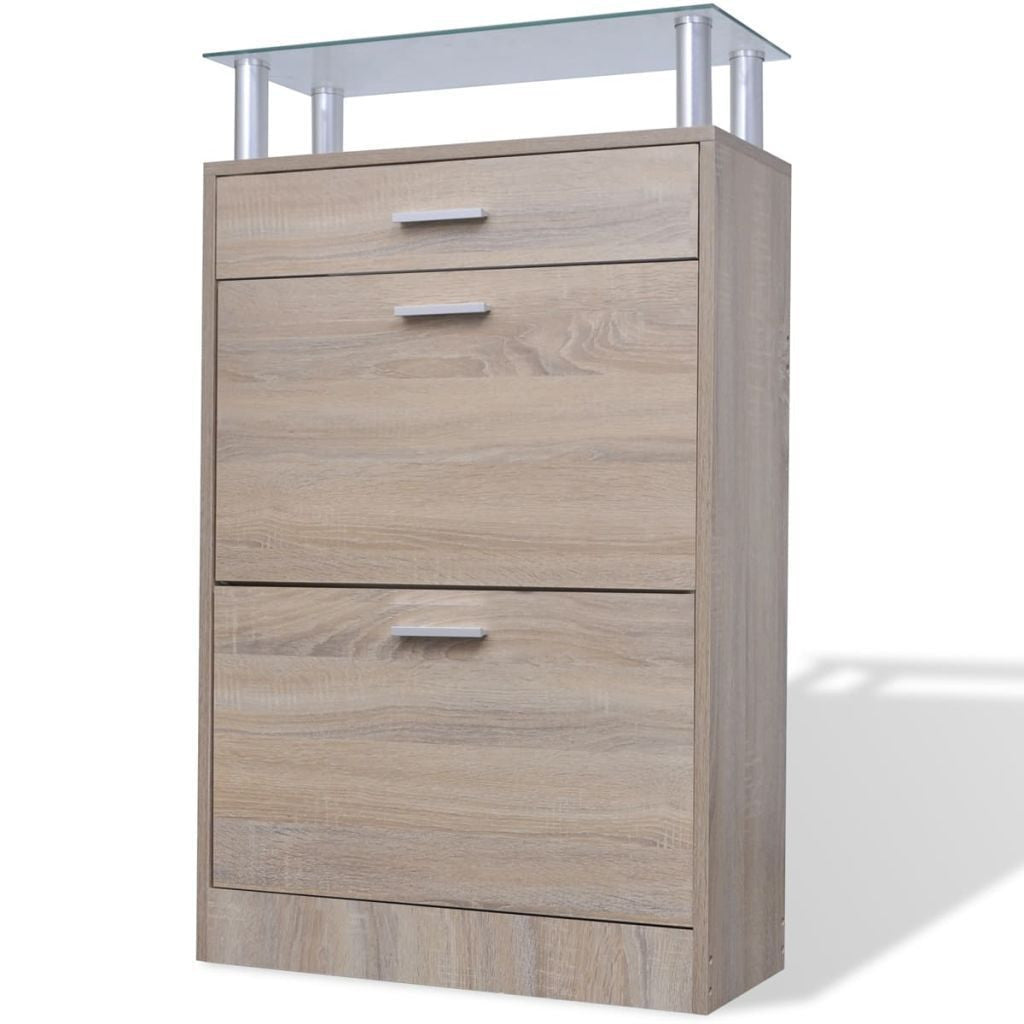 Oak Shoe Cabinet with a Drawer and a Top Glass Shelf