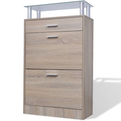 Oak Shoe Cabinet with a Drawer and a Top Glass Shelf