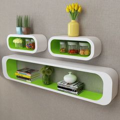 3 White & Green Floating Wall Display Shelves
