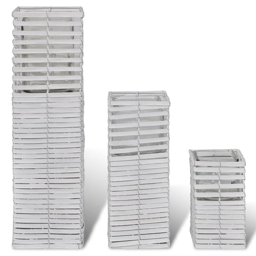 Set of 3 White Handmade Weaving Candle Holders