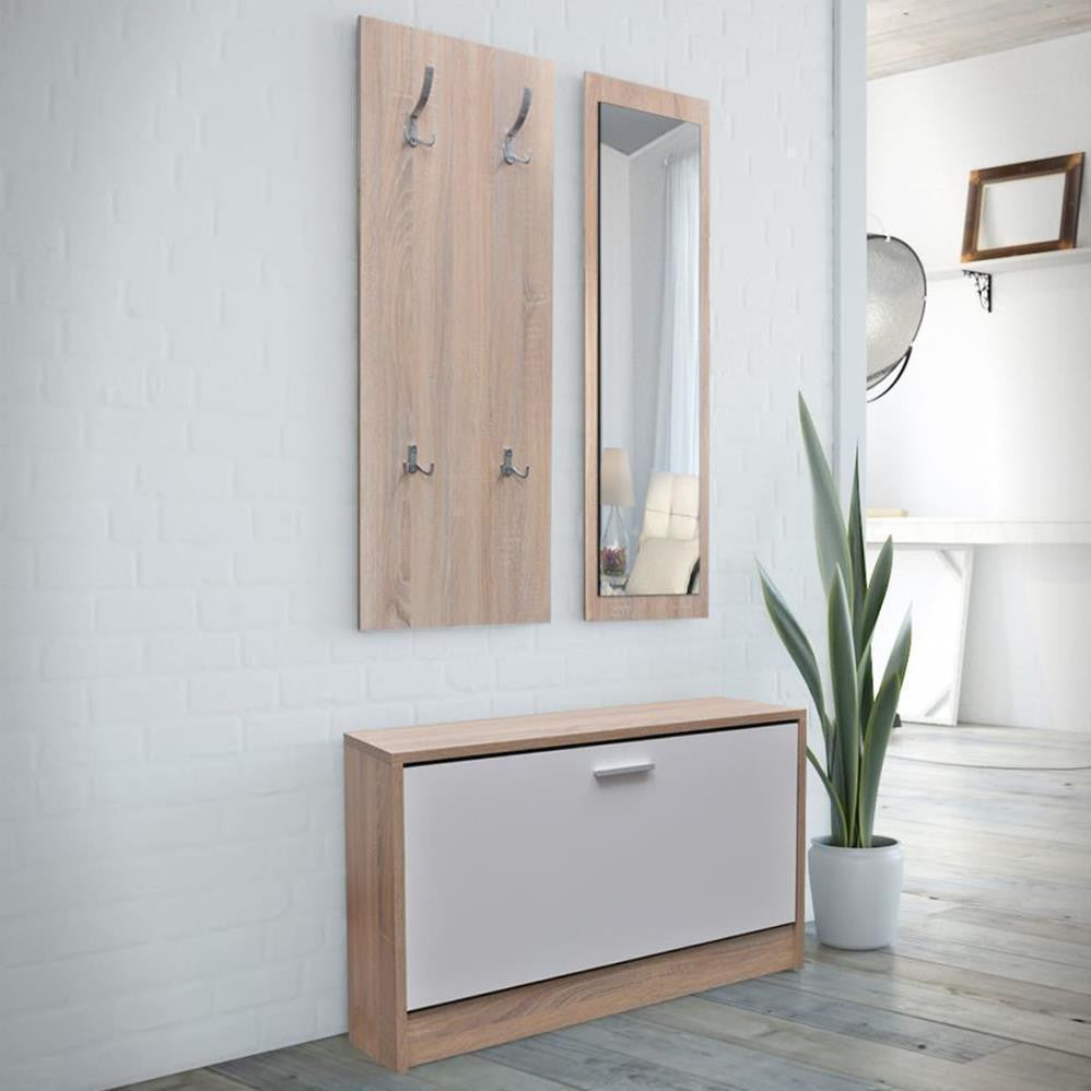 Oak 3 in 1 Wooden Shoe Cabinet, Coat Rack & Mirror