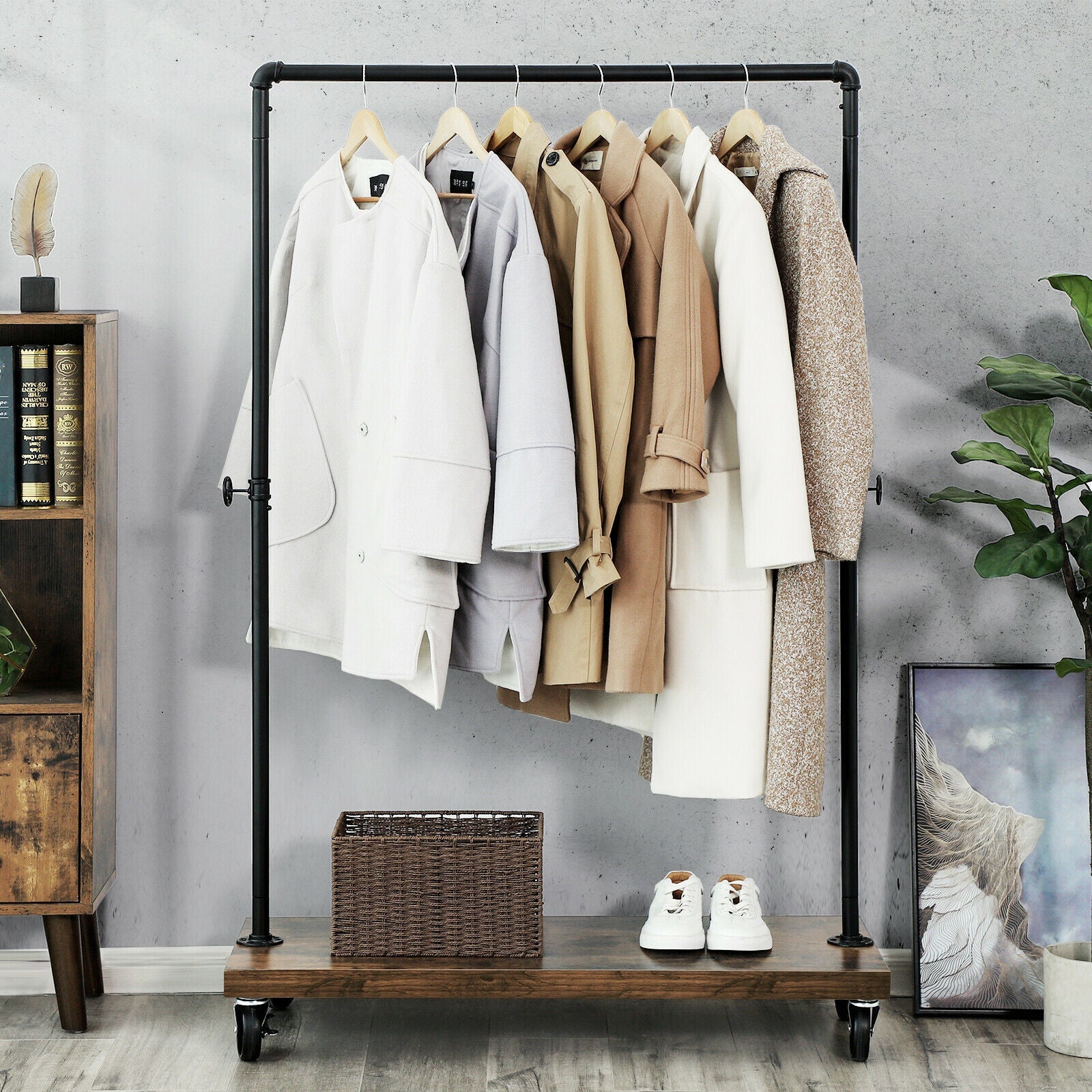 Rustic Garment Clothes Rack with Lockable Wheels