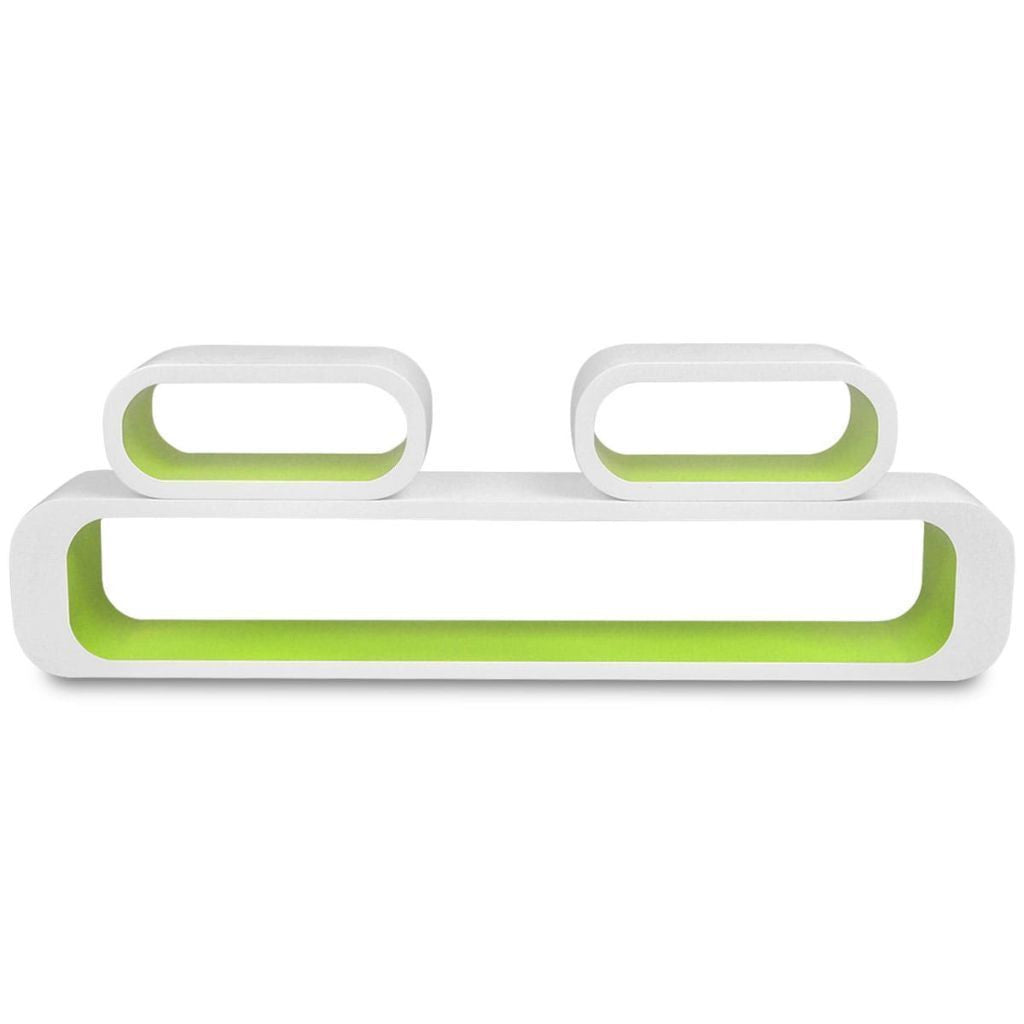3 White & Green Floating Wall Display Shelves