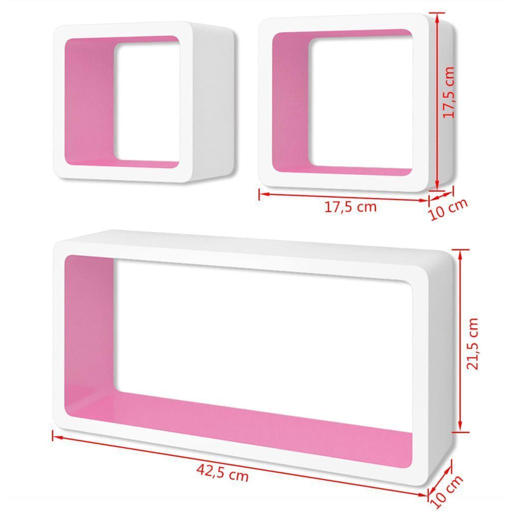 3 White & Pink Floating Wall Display Shelves