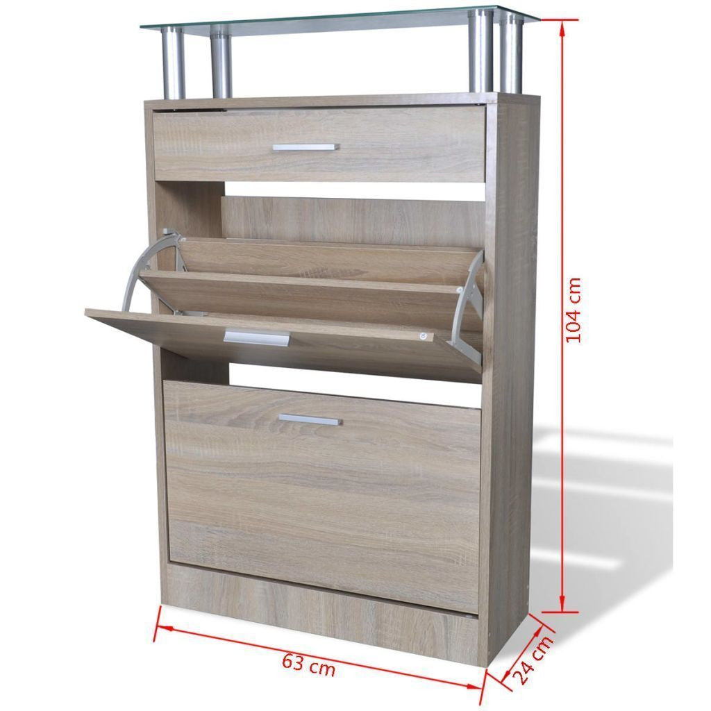 Oak Shoe Cabinet with a Drawer and a Top Glass Shelf