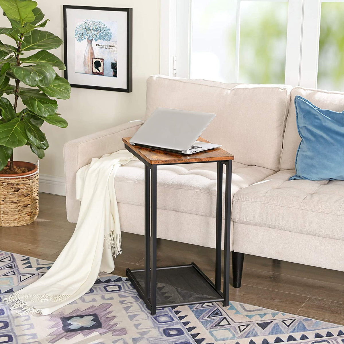 Rustic Side Table with Under Mesh Shelf