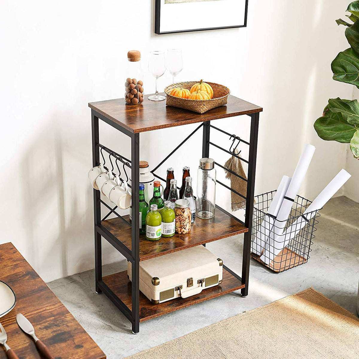Industrial Baker’s Rack with 6 S-Hooks & 3-Tier Storage Shelves