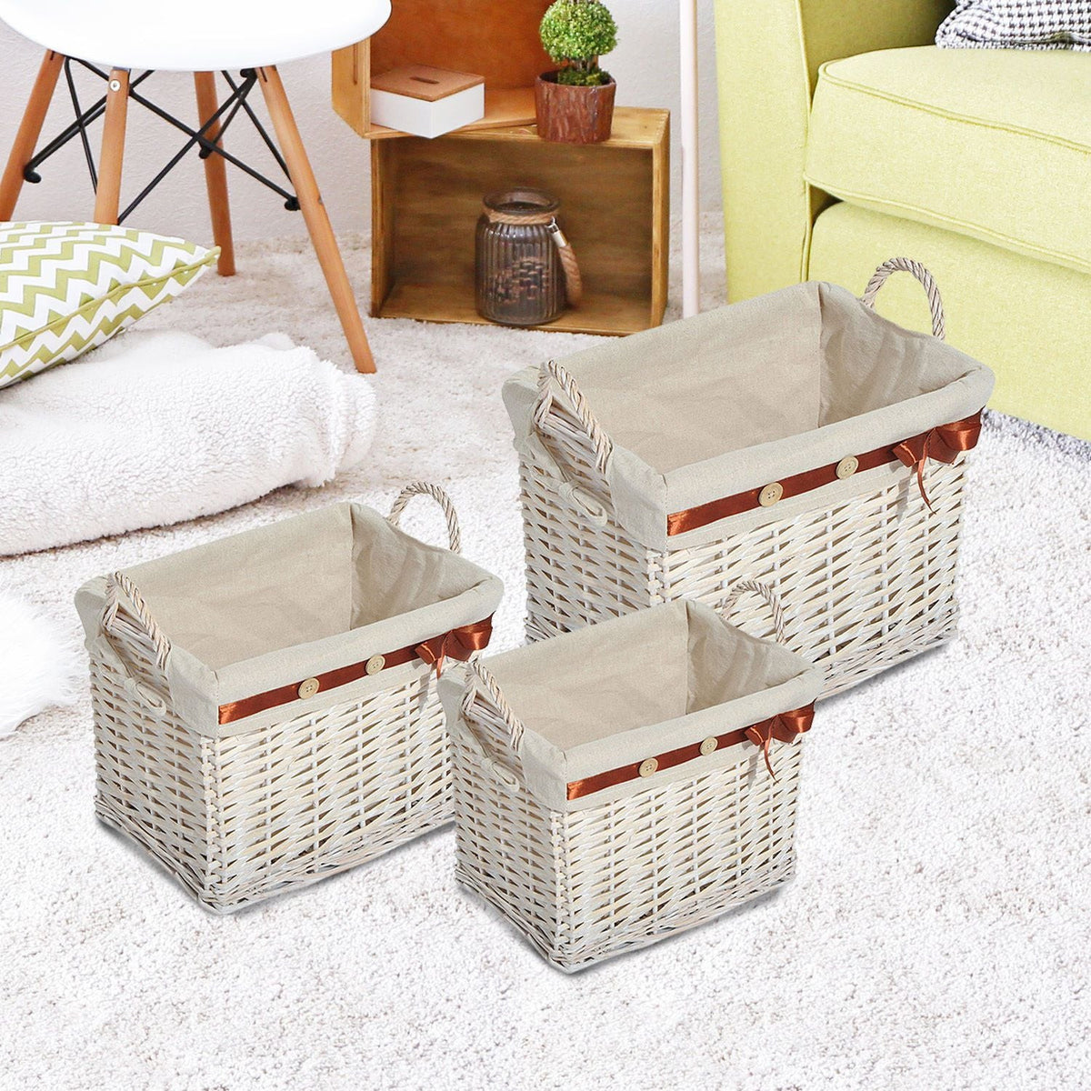 Set of 3 White Wicker Baskets