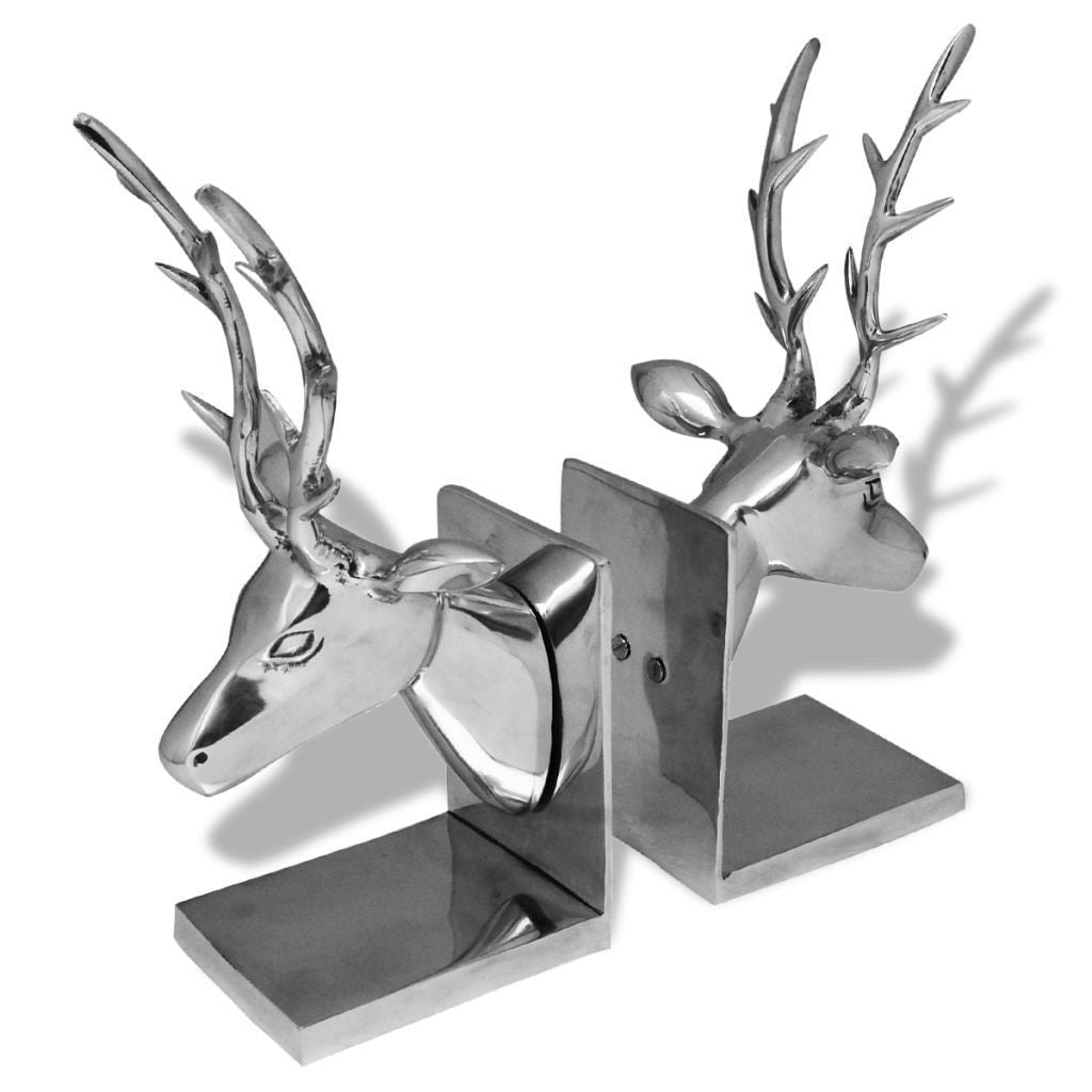 2 x Aluminium Silver Deer Bookends