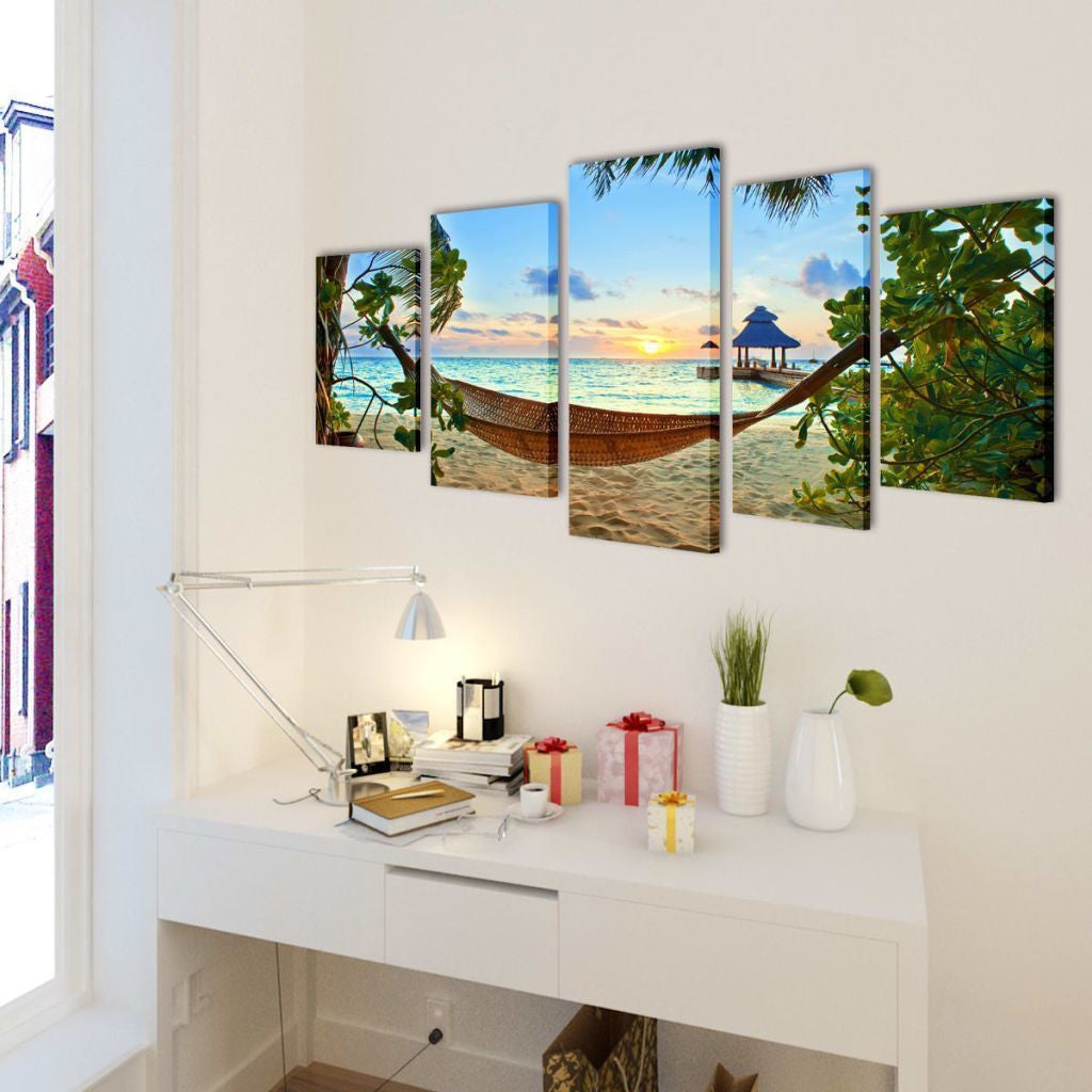 Sand Beach with Hammock Canvas Wall Print Set - 200 x 100 cm