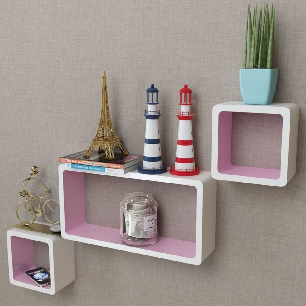 3 White & Pink Floating Wall Display Shelves