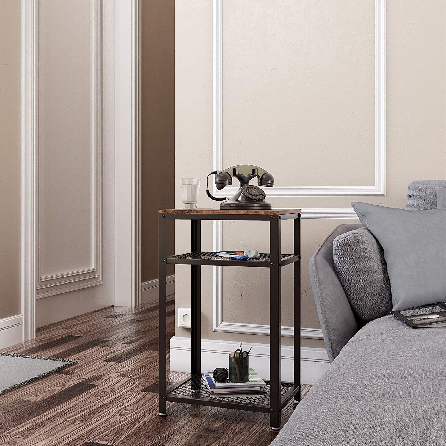 Rustic Brown Industrial Side Table with 2 Mesh Shelves