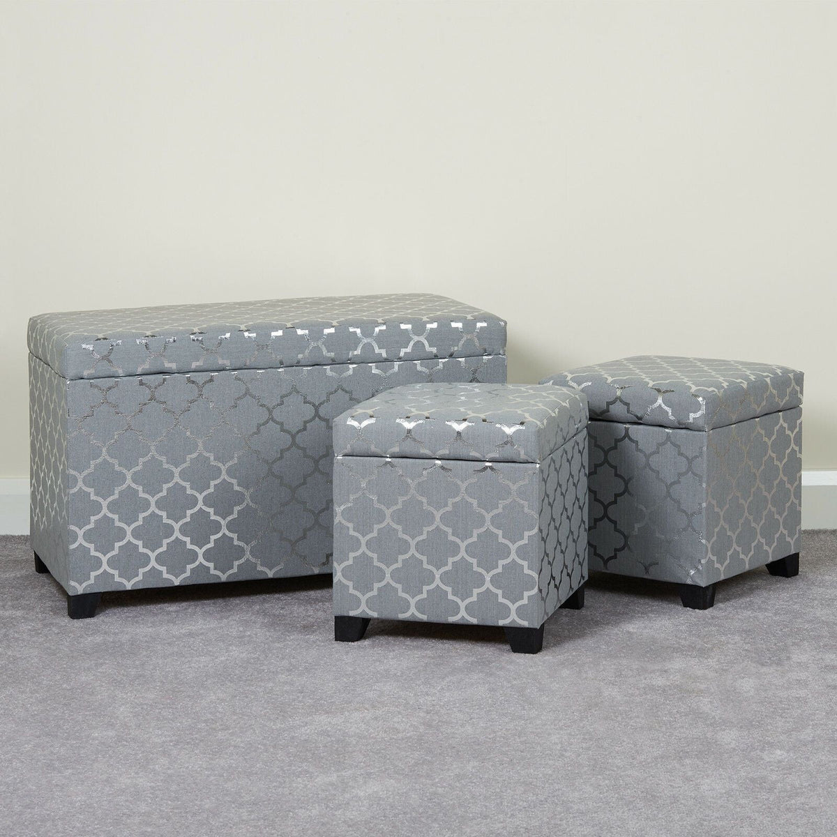 Set of Silver Aztec Storage Ottomans