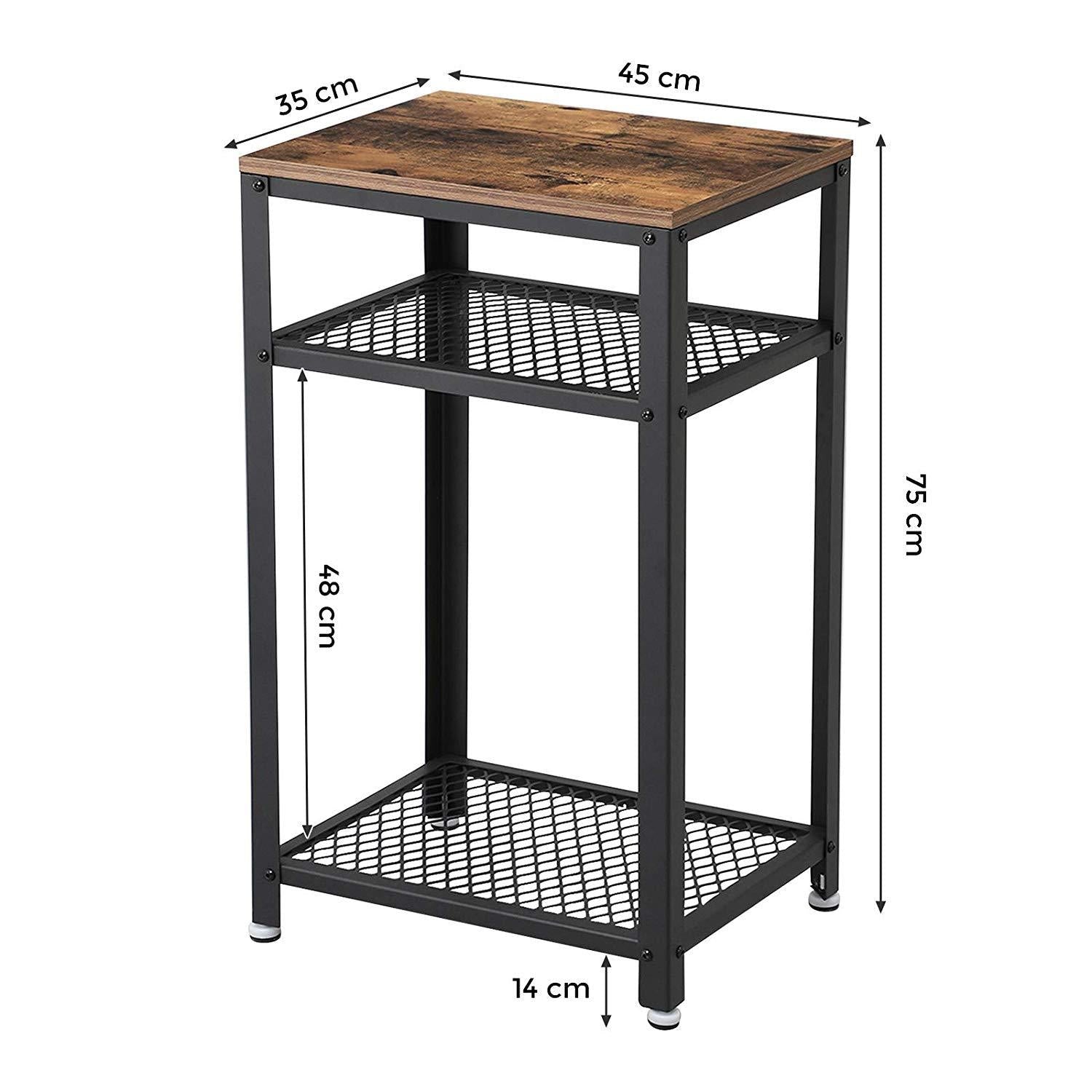 Rustic Brown Industrial Side Table with 2 Mesh Shelves