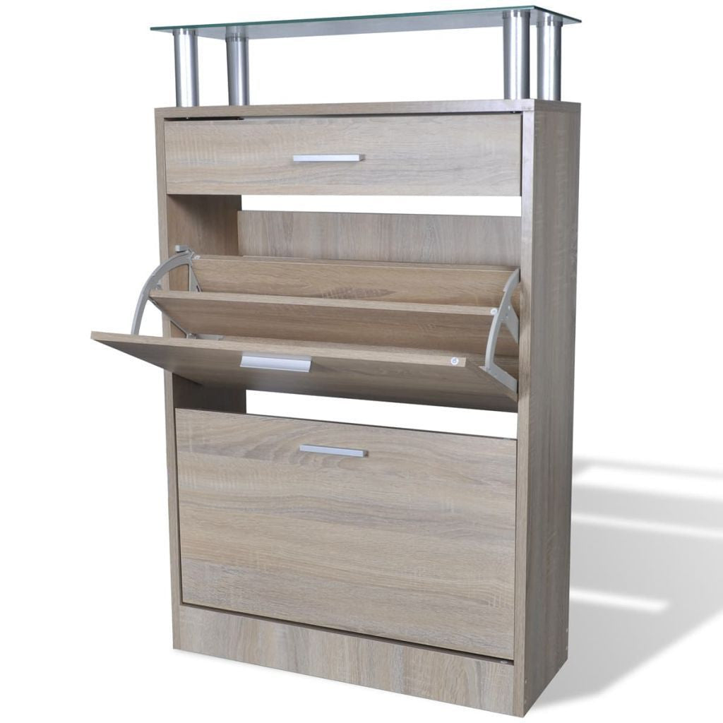 Oak Shoe Cabinet with a Drawer and a Top Glass Shelf