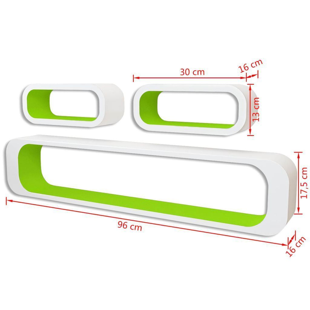 3 White & Green Floating Wall Display Shelves