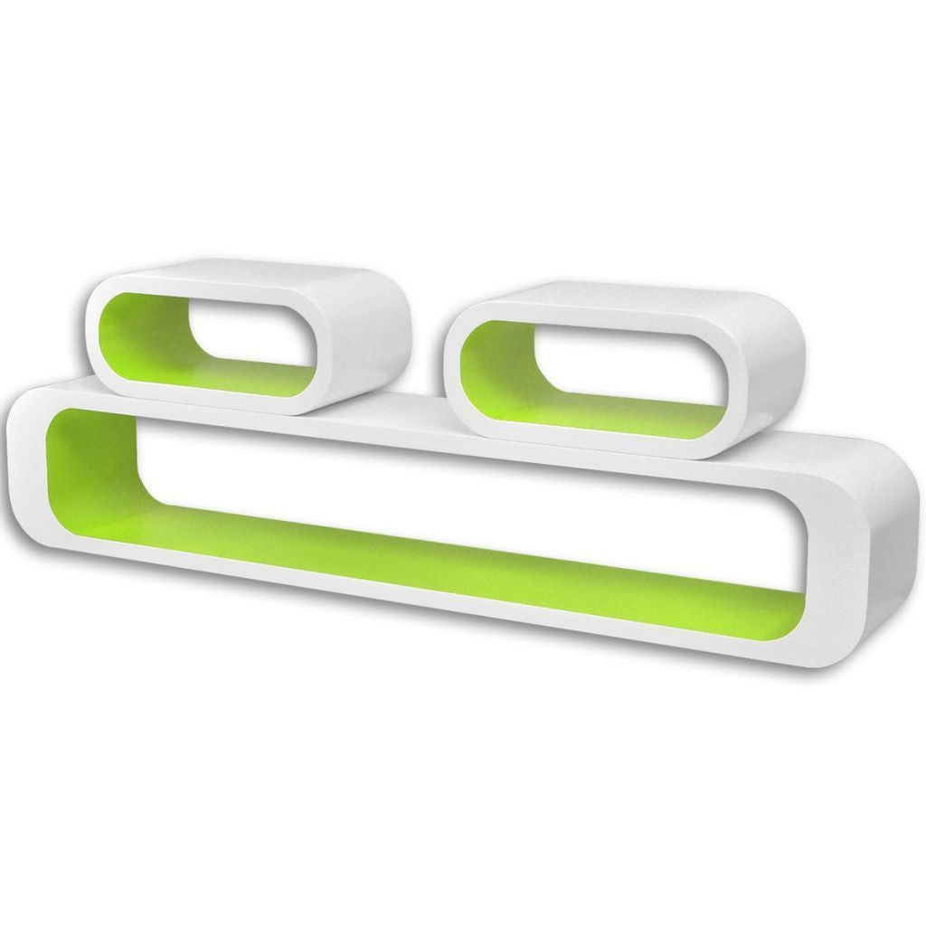 3 White & Green Floating Wall Display Shelves