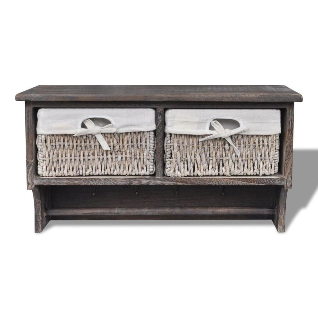 Wooden Wall Shelf with Hangers, 2 Weaving Baskets & 4 Hooks