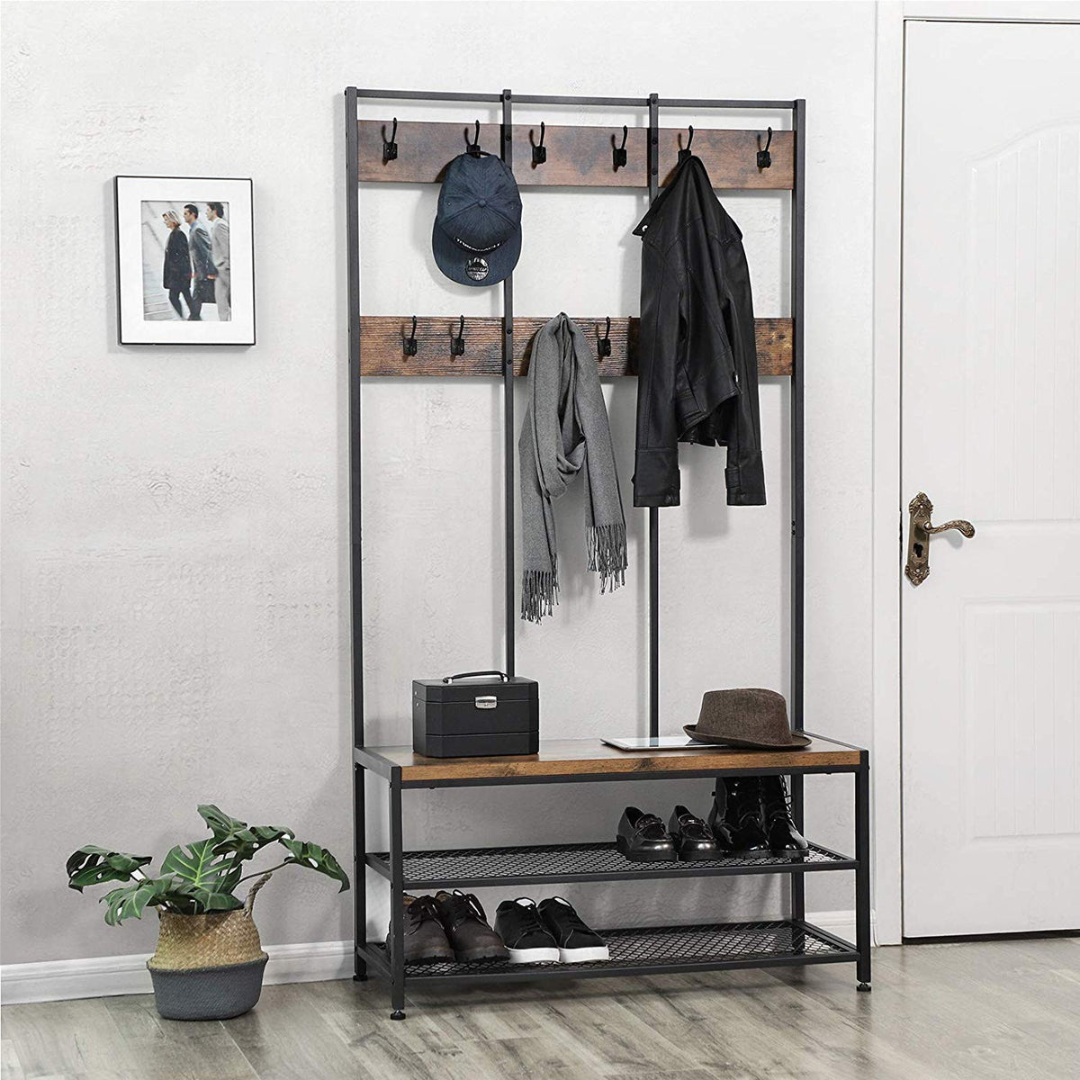 Large Free Standing Rustic Industrial Coat & Shoe Rack