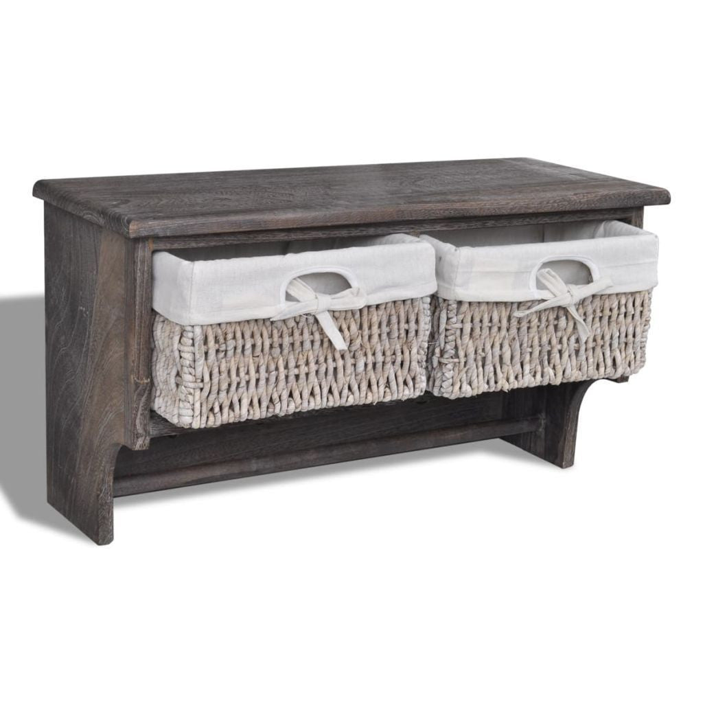 Wooden Wall Shelf with Hangers, 2 Weaving Baskets & 4 Hooks
