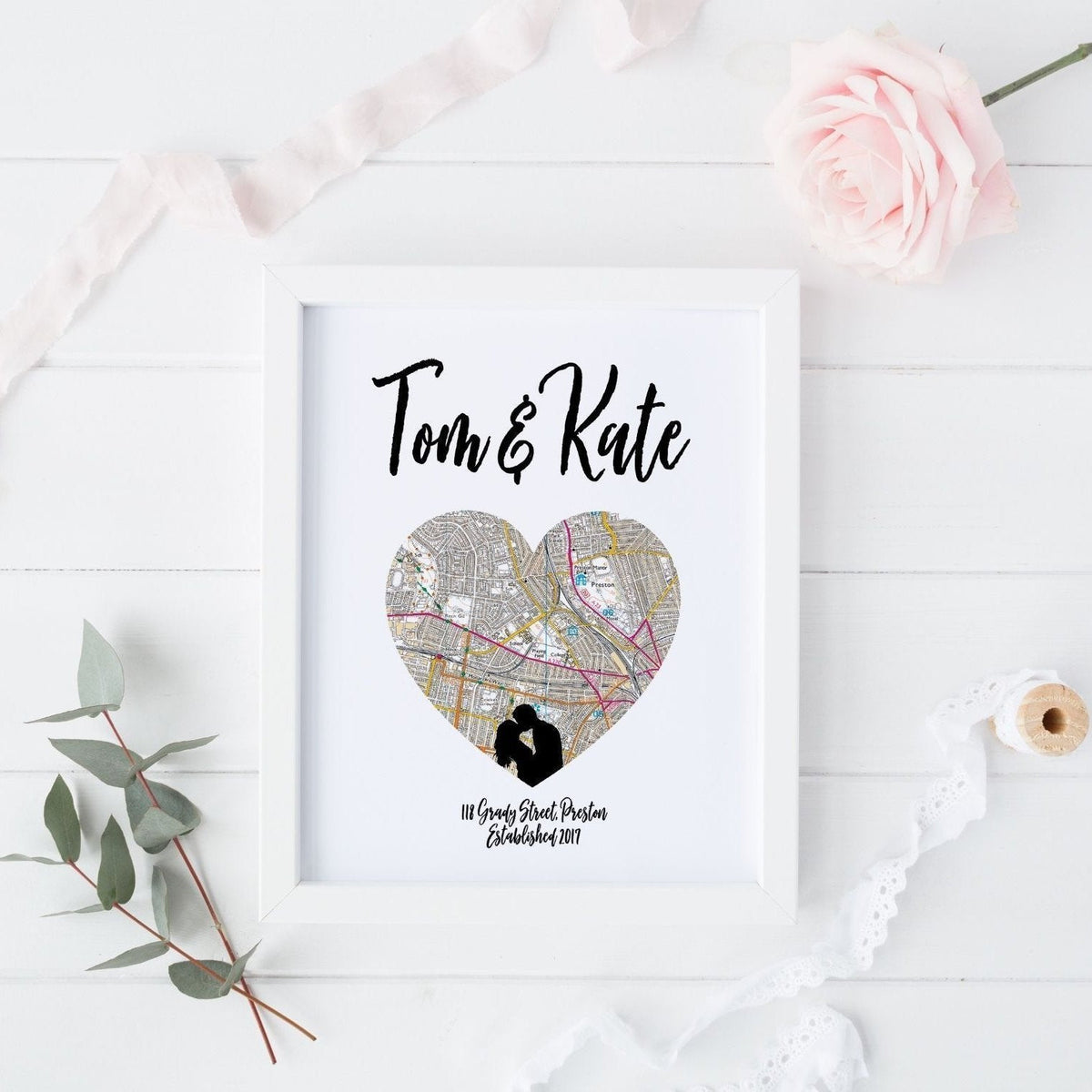 White Framed Personalised Printed Map