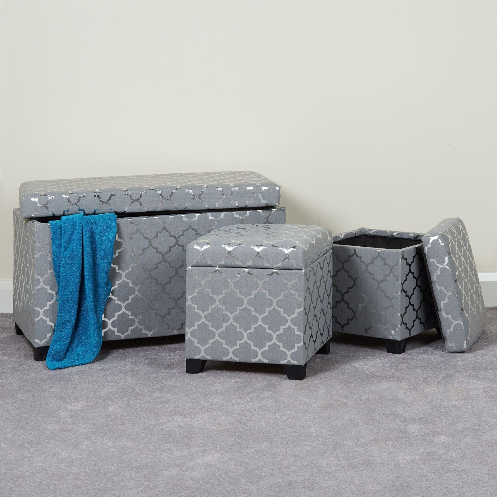 Set of Silver Aztec Storage Ottomans