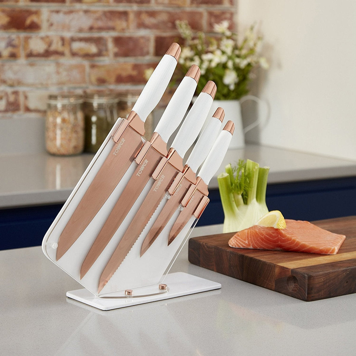 White & Copper 5 Piece Knife Set & Stand