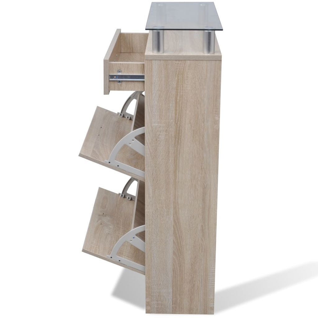 Oak Shoe Cabinet with a Drawer and a Top Glass Shelf