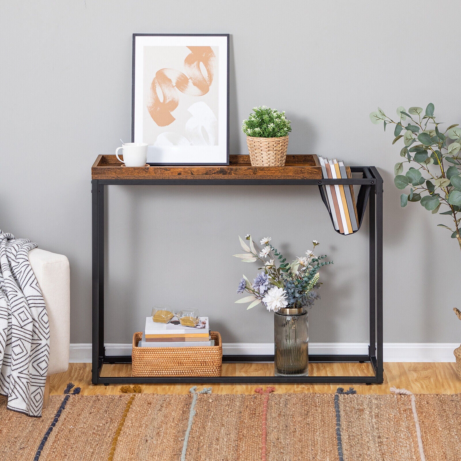 Rustic Console Table & Built In Magazine Rack