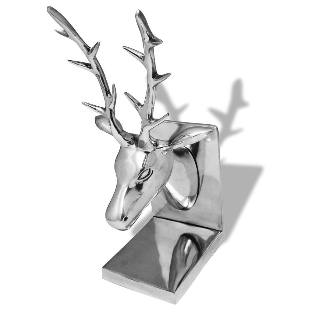 2 x Aluminium Silver Deer Bookends