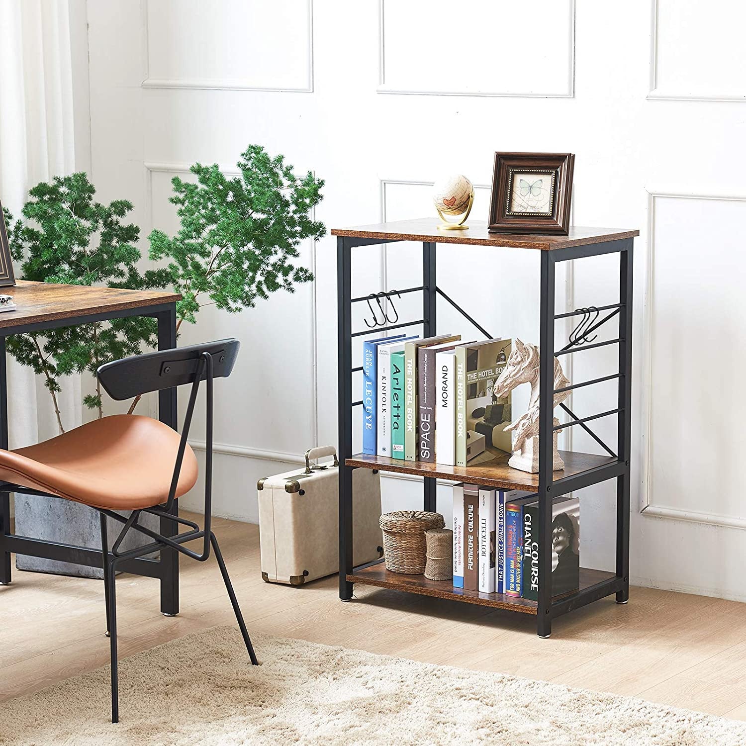 Industrial Baker’s Rack with 6 S-Hooks & 3-Tier Storage Shelves