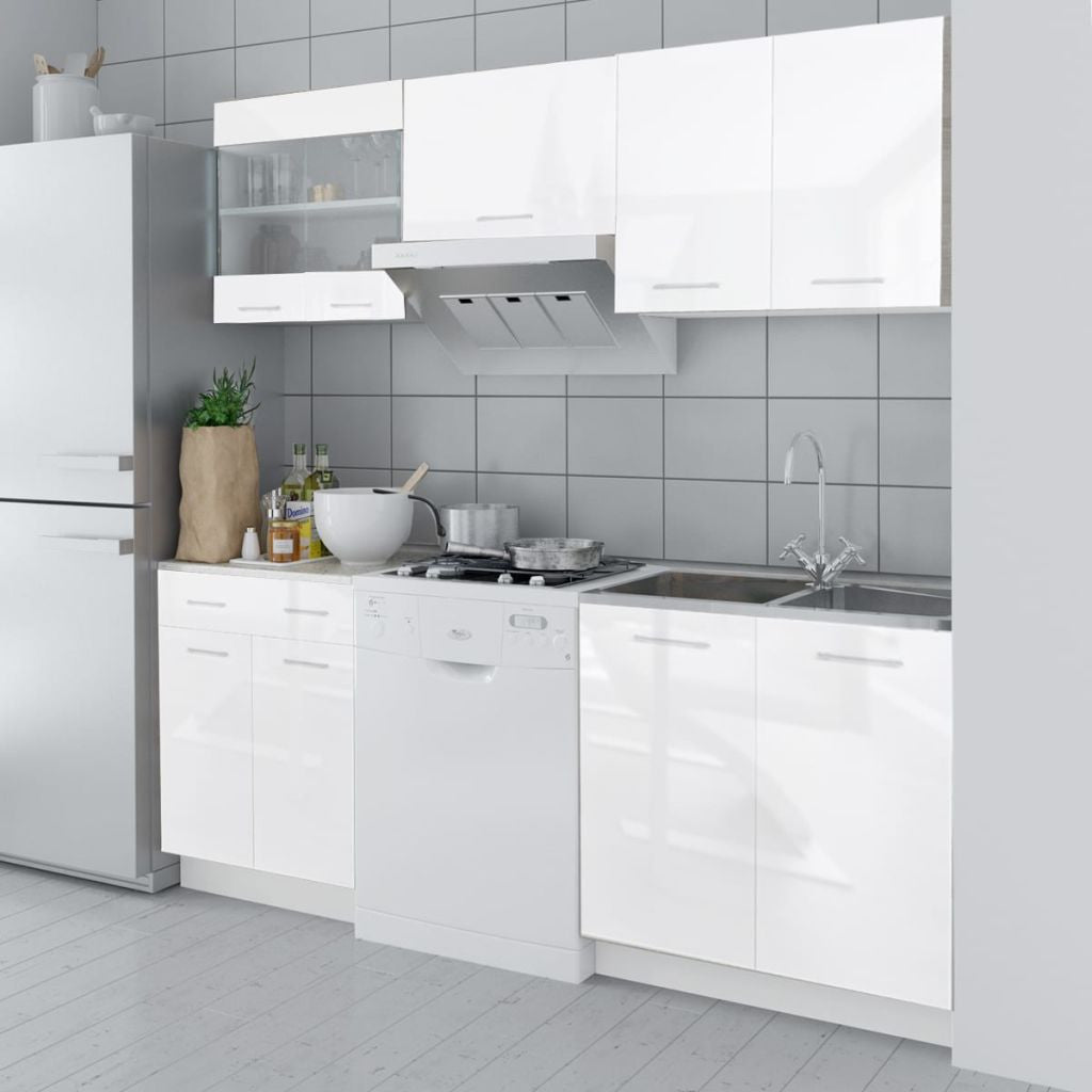 5 pcs High Gloss White Kitchen Cabinet Unit 200 cm