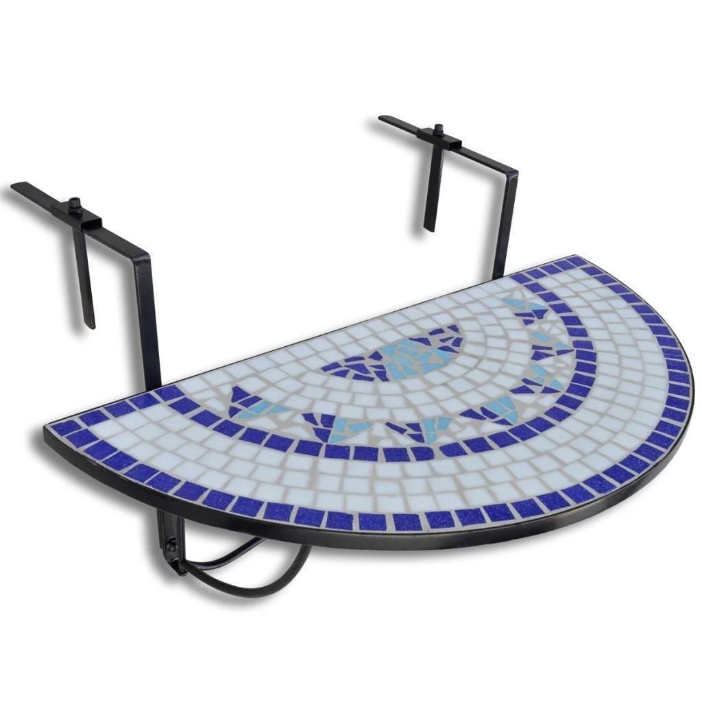 Semi-circular Blue & White Mosaic Hanging Balcony Table