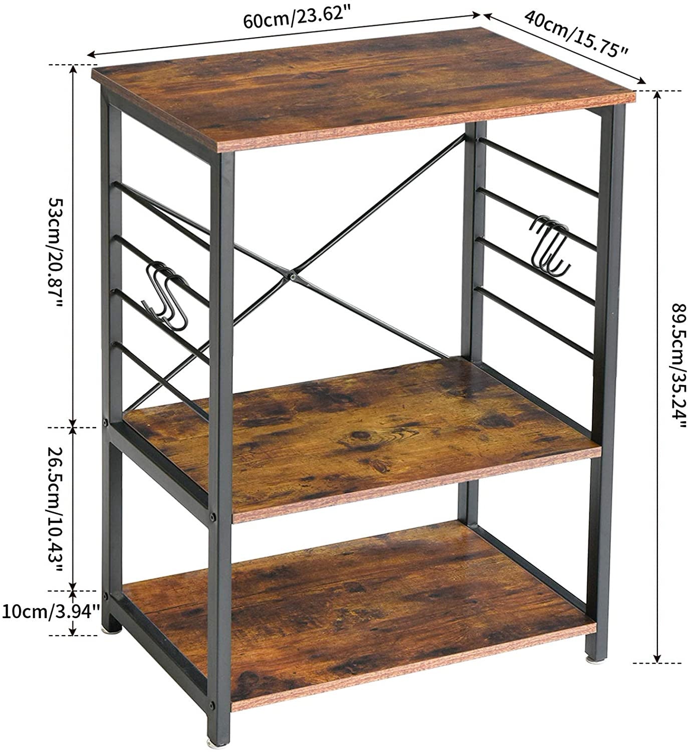 Industrial Baker’s Rack with 6 S-Hooks & 3-Tier Storage Shelves
