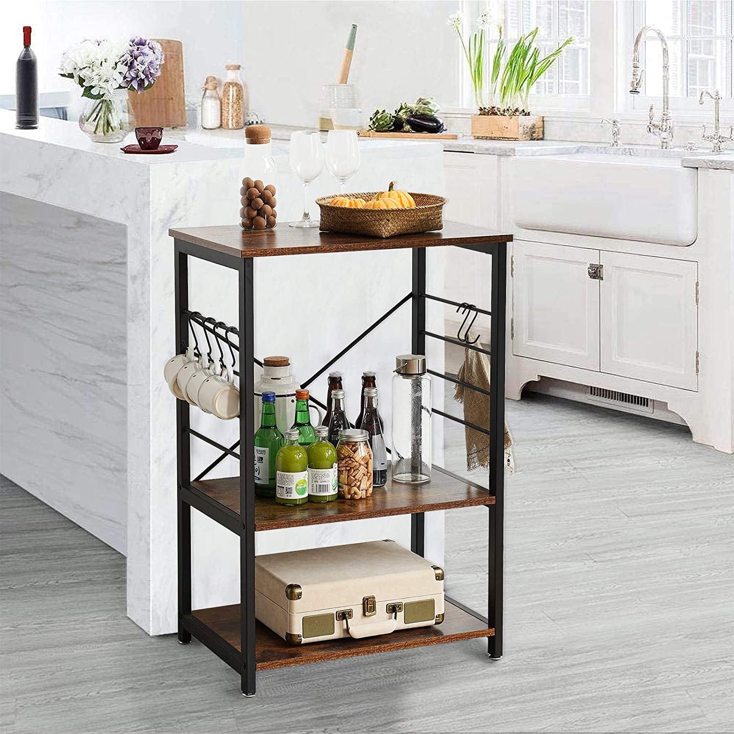 Industrial Baker’s Rack with 6 S-Hooks & 3-Tier Storage Shelves