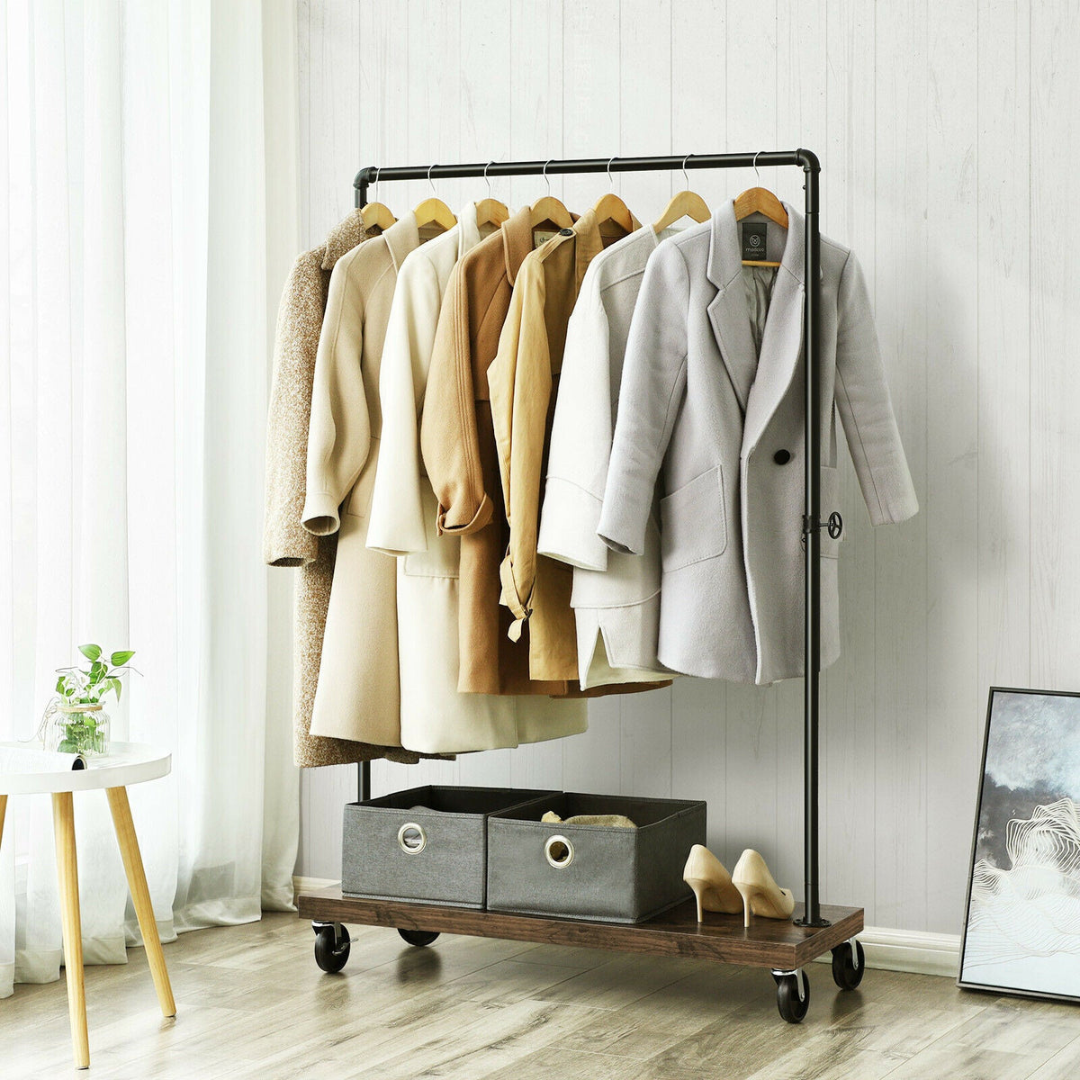Rustic Garment Clothes Rack with Lockable Wheels