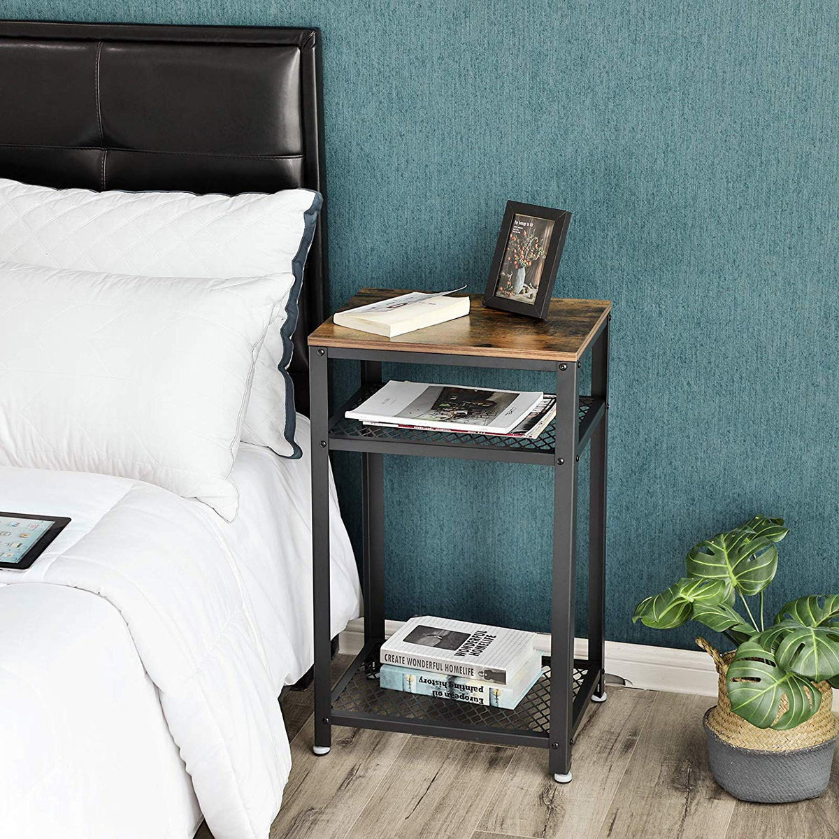 Rustic Brown Industrial Side Table with 2 Mesh Shelves