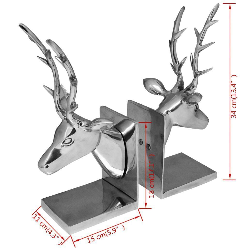 2 x Aluminium Silver Deer Bookends