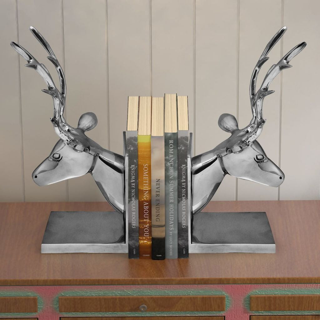 2 x Aluminium Silver Deer Bookends