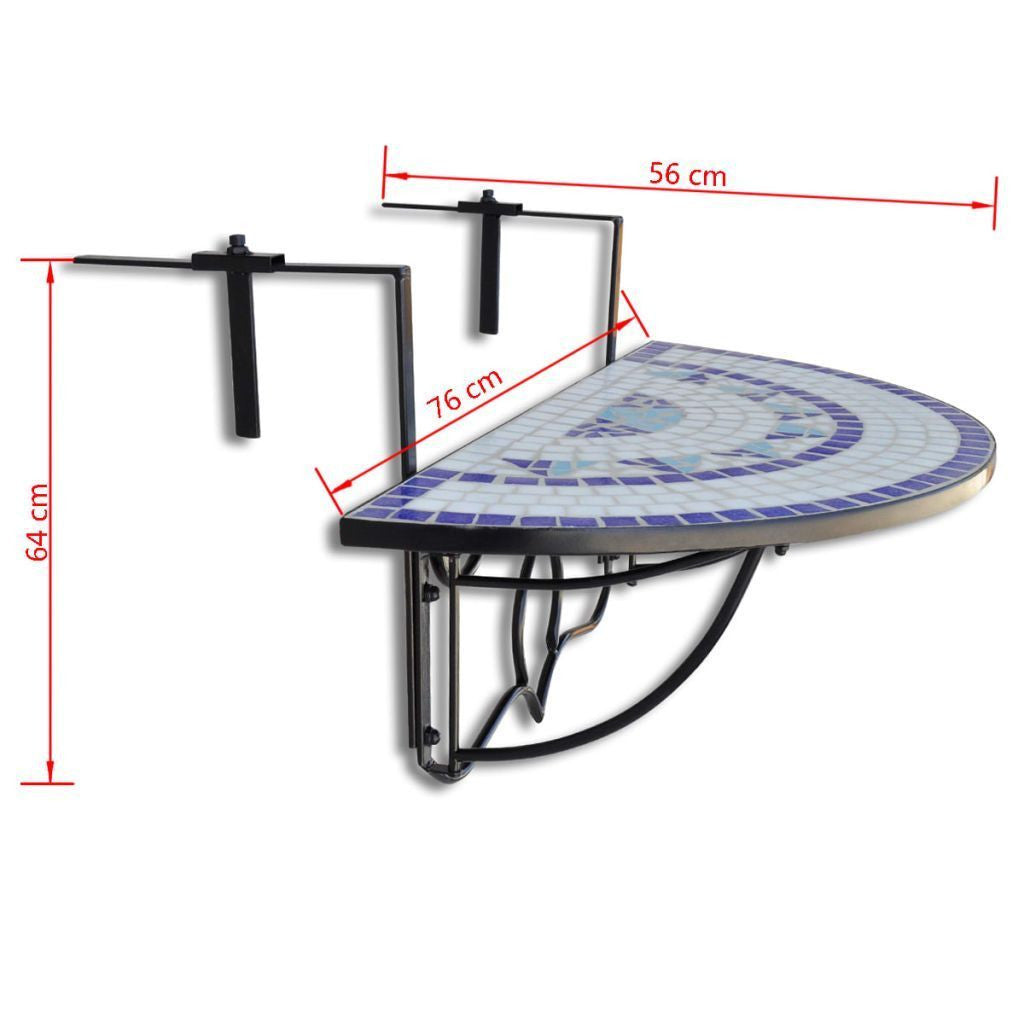 Semi-circular Blue & White Mosaic Hanging Balcony Table