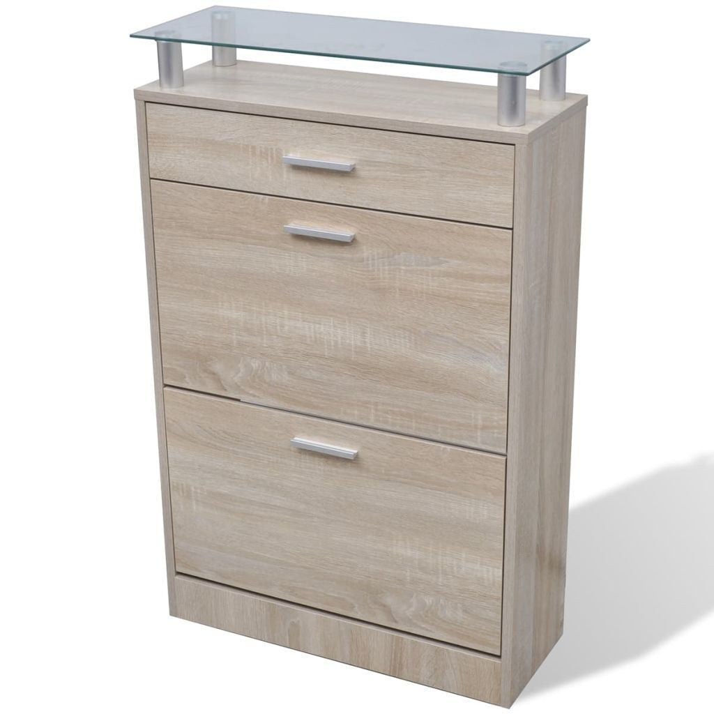Oak Shoe Cabinet with a Drawer and a Top Glass Shelf
