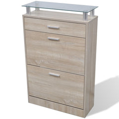 Oak Shoe Cabinet with a Drawer and a Top Glass Shelf
