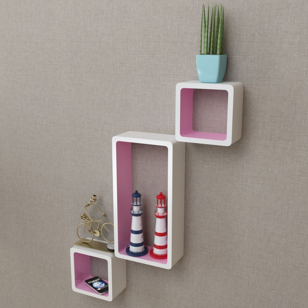 3 White & Pink Floating Wall Display Shelves